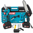 Kit Mini Motosserra + Tesoura de Poda Elétrica 48V com 2 Baterias e Mala