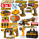 Kit brushless Aparafusadora + Chave impacto + Rebarbadora + 1 Martelo Perfurador + Lanterna de trabalho+ 2 Bat 4.0Ah + Carregador 20V + acessórios + Troley Ingco